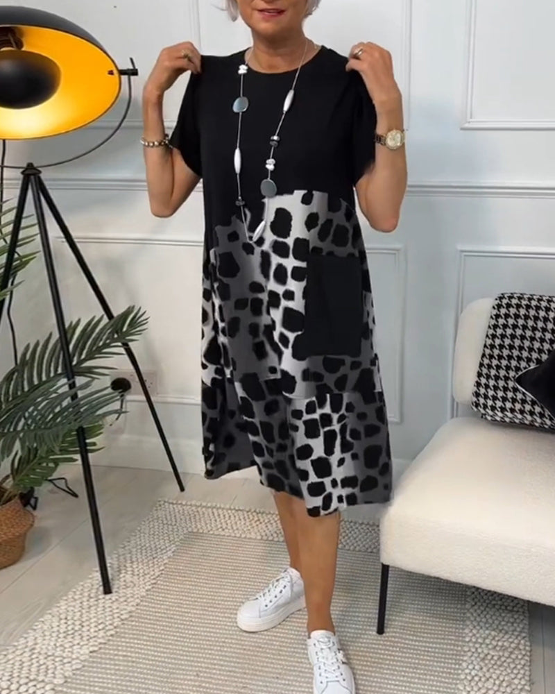 Printed Short Sleeve Dress with Round Neck