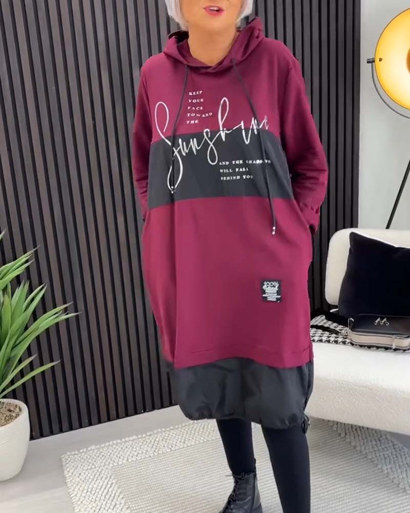 Casual Hooded Dress with Color Block Letter Print and Pocket