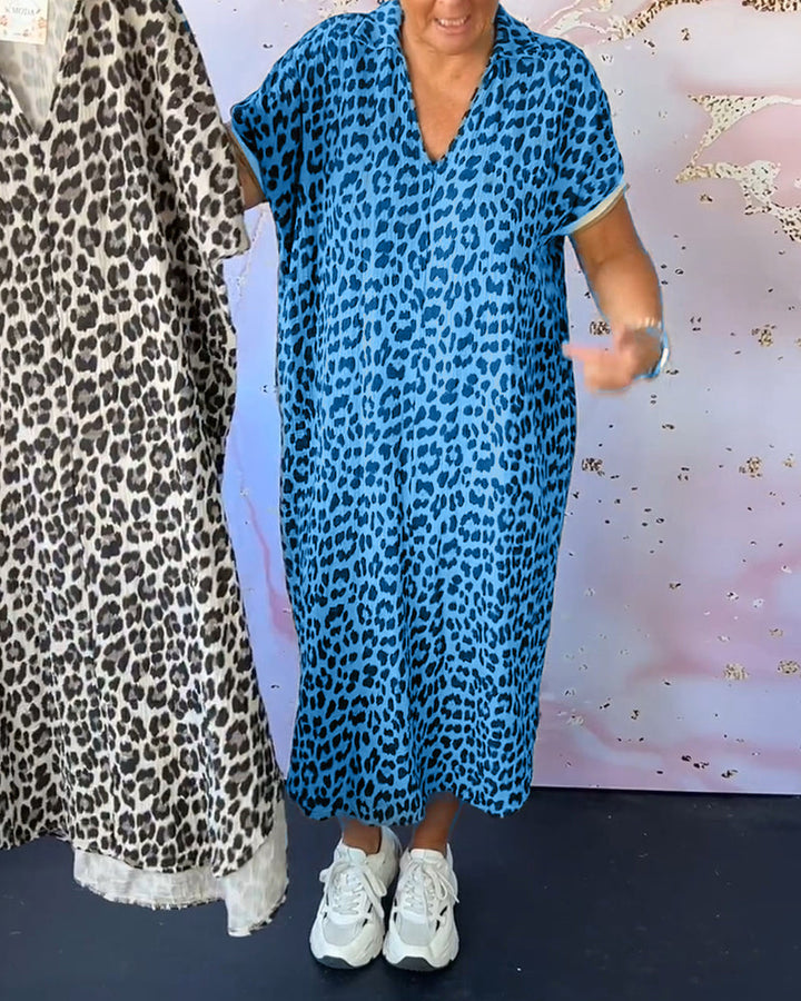 Short Sleeve Leopard Print Dress with V-Neck