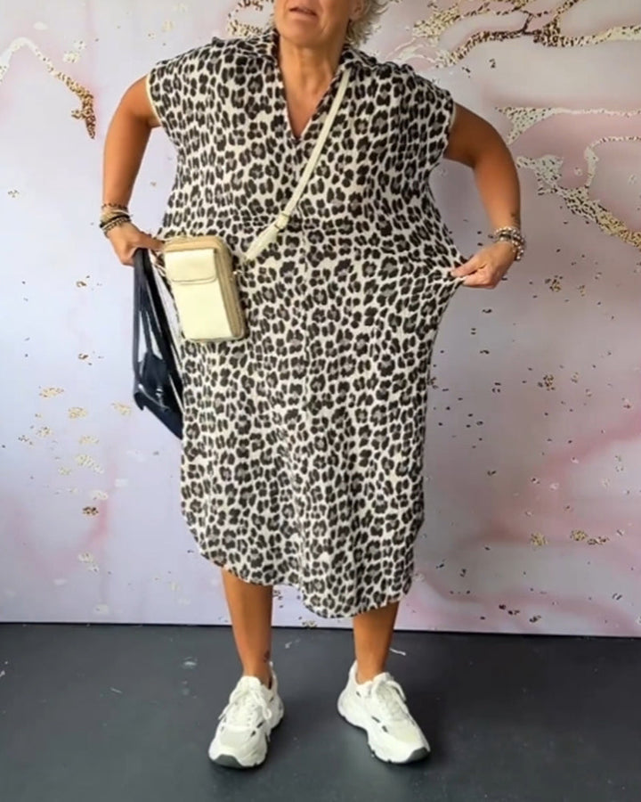 Short Sleeve Leopard Print Dress with V-Neck