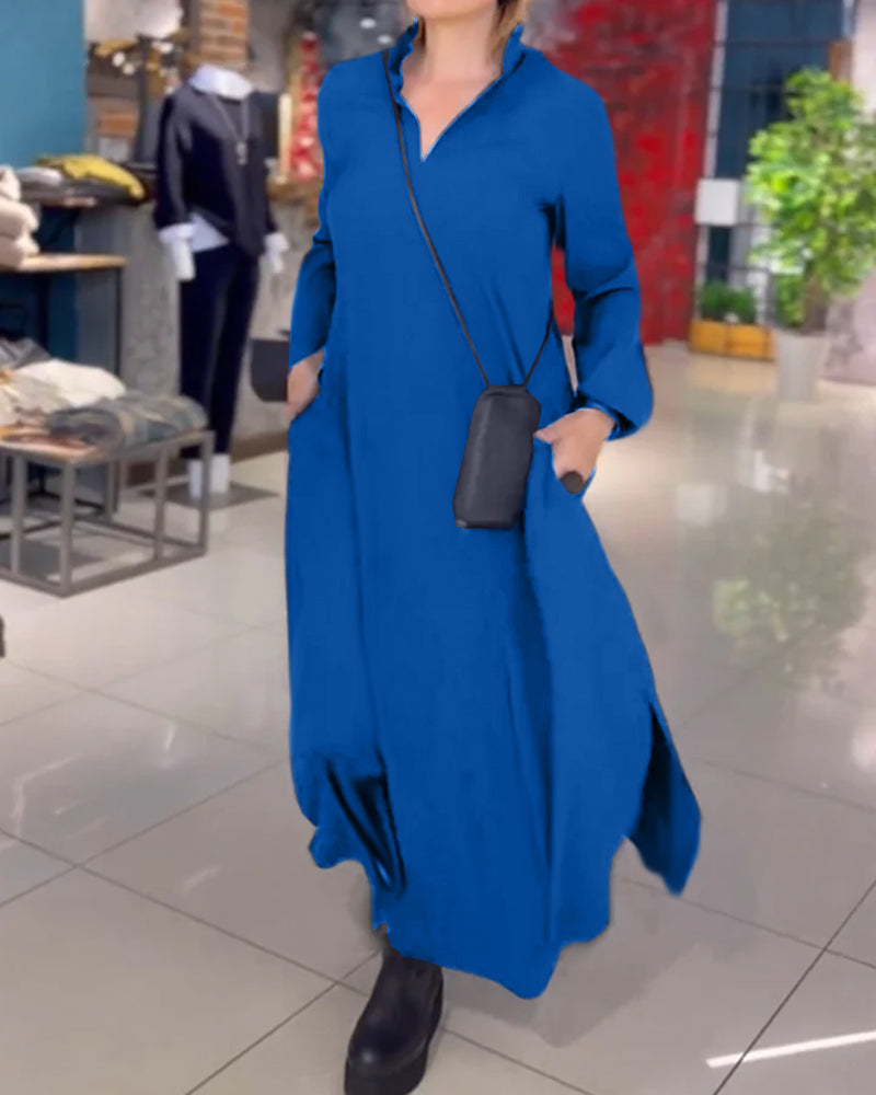 Evia™ - Loose Long Dress with Lapel and Slit