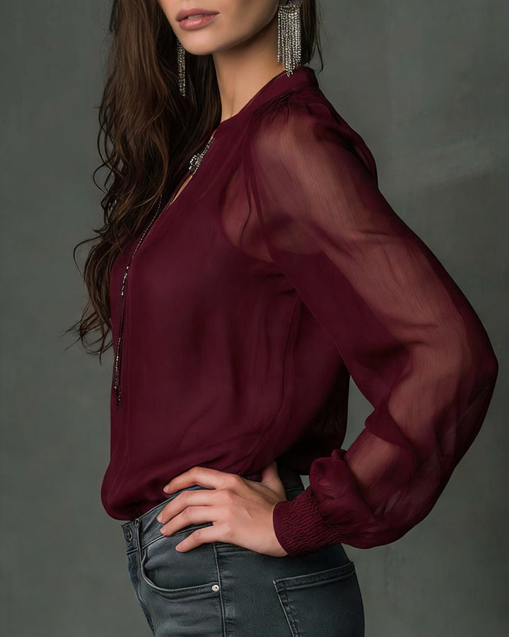 Blouse Half-Zip Mesh Long Sleeve