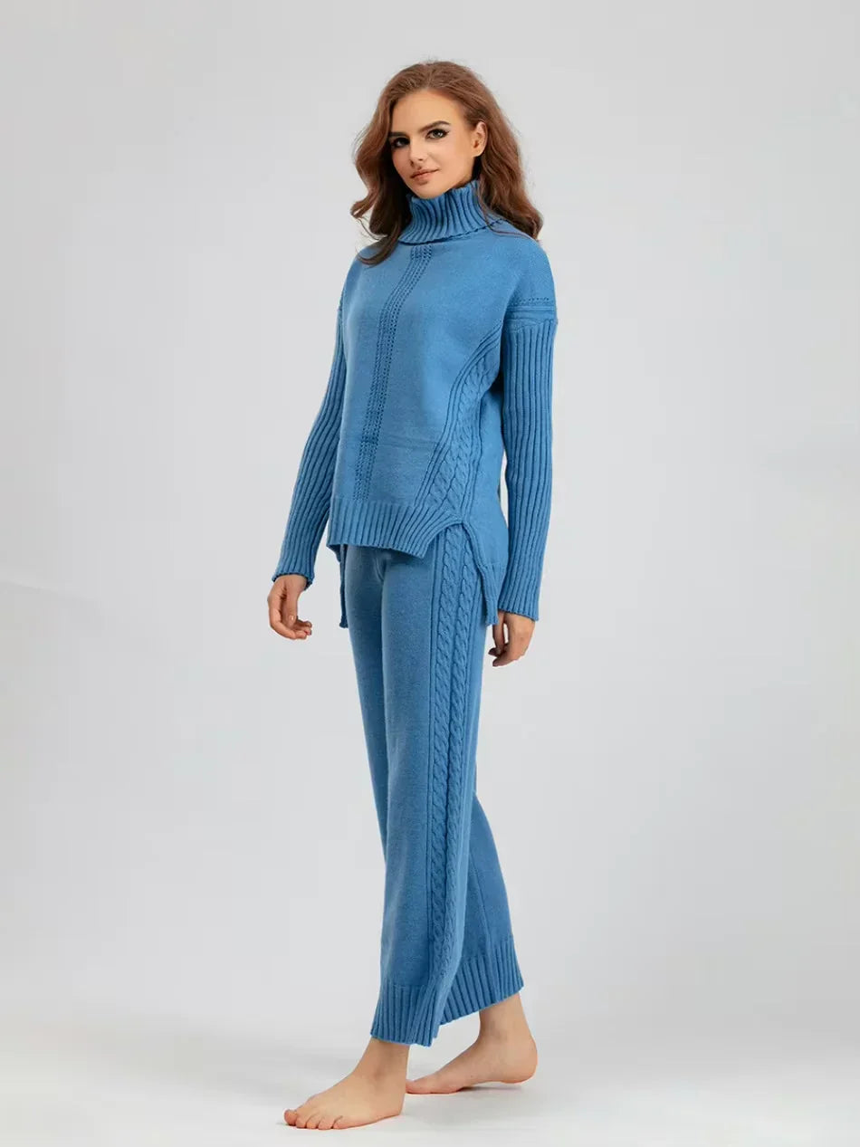 Scarlett - Chic High-Neck Knit Sweater & Loose Pants Set
