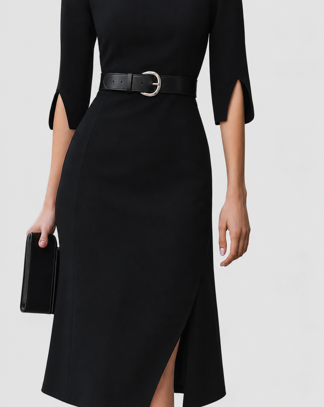 Naomi | Women's Belted Mock Neck Midi Dress with Split Sleeves