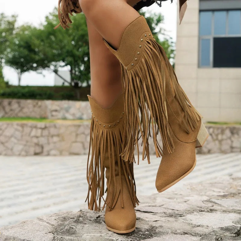 Bella | Women’s Fringe High Heel Boots with Studs
