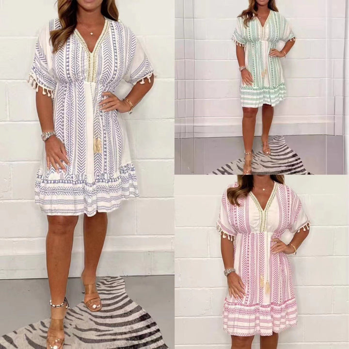 Tulum | Women's Boho Print Mini Dress V-Neck Tassel Summer