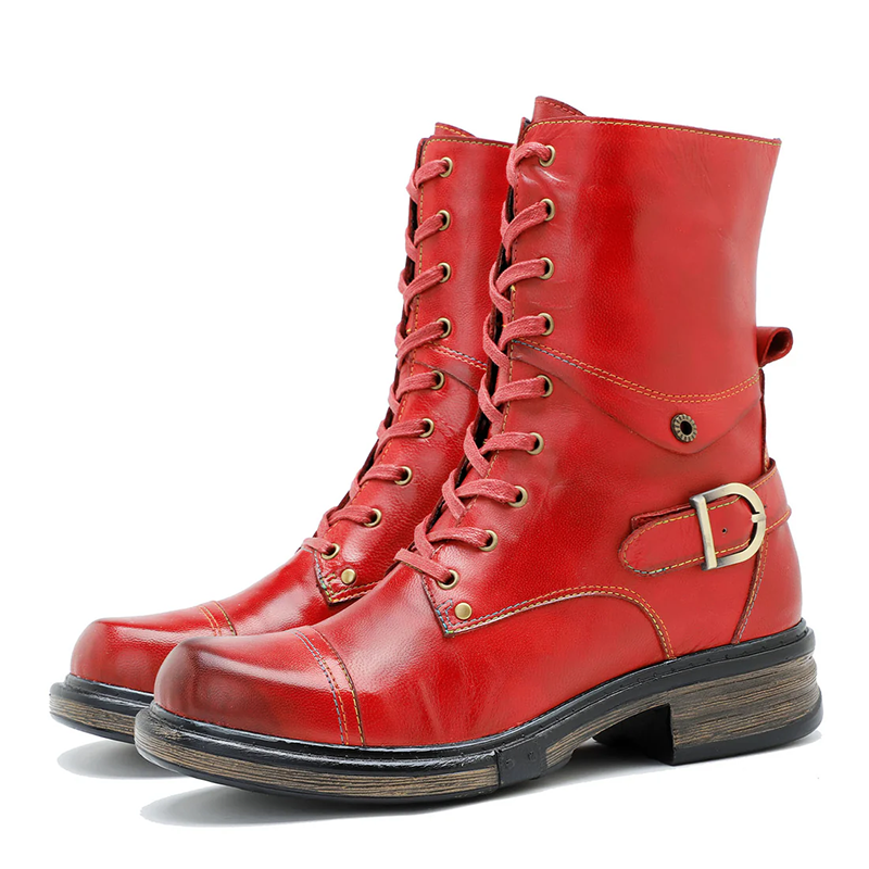 Women’s Genuine Leather Lace-Up Boots with Low Heel