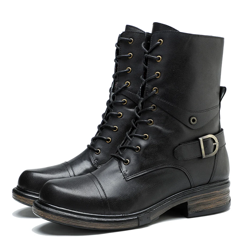 Women’s Genuine Leather Lace-Up Boots with Low Heel