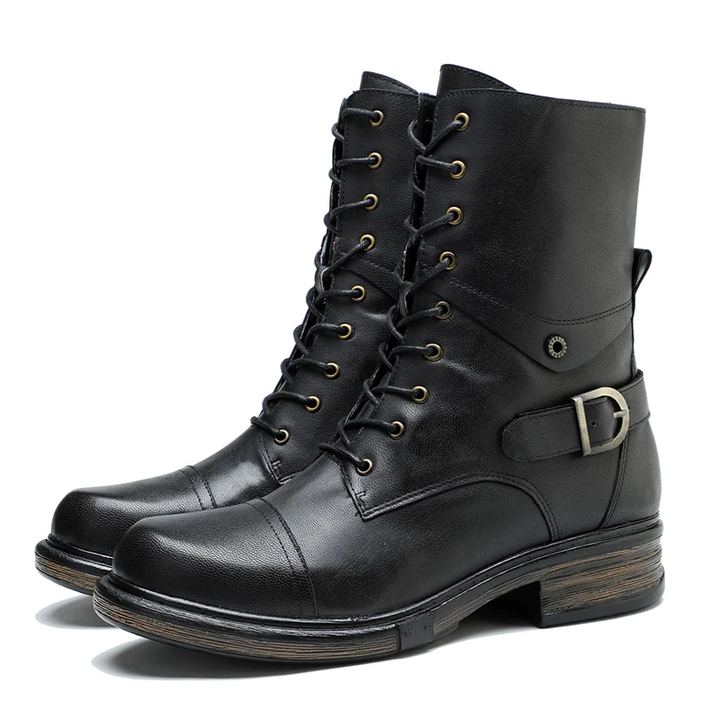 Women’s Genuine Leather Lace-Up Boots with Low Heel