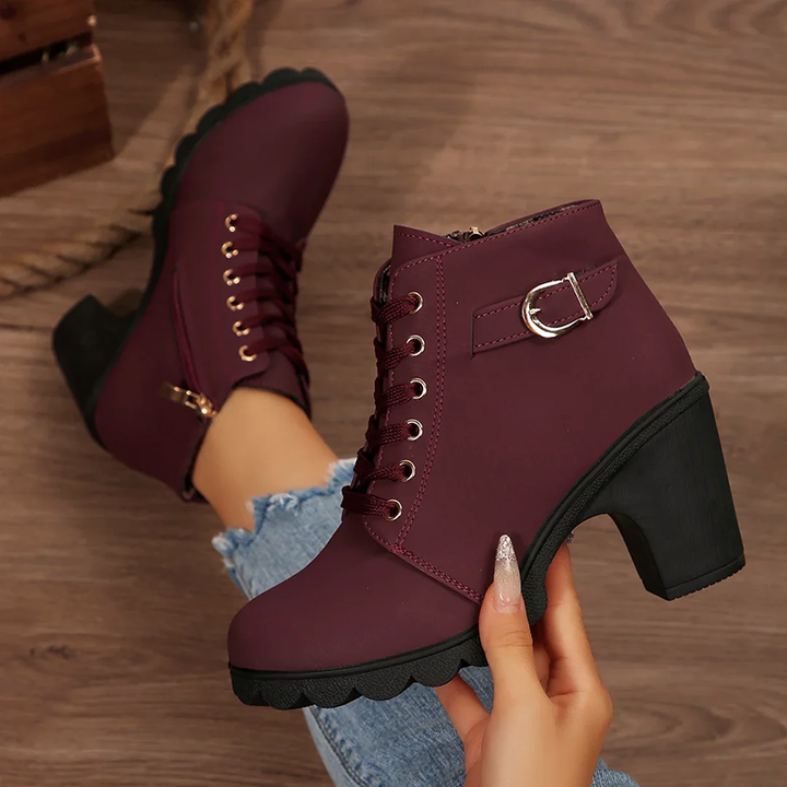 Women’s Lace-Up Boots with Chunky Heel and Zipper Closure