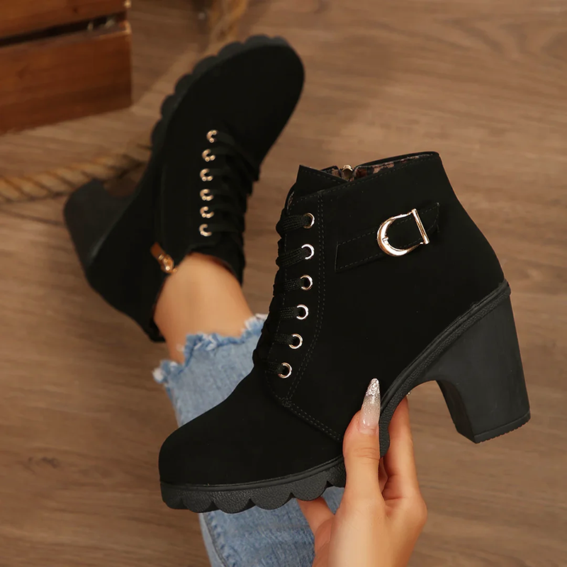 Women’s Lace-Up Boots with Chunky Heel and Zipper Closure