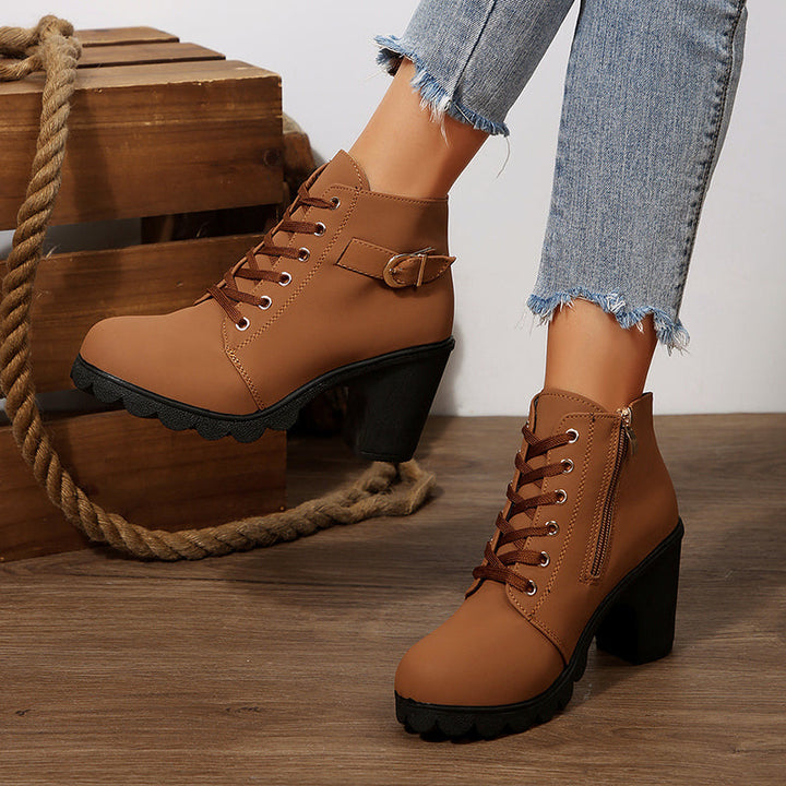 Women’s Lace-Up Boots with Chunky Heel and Zipper Closure