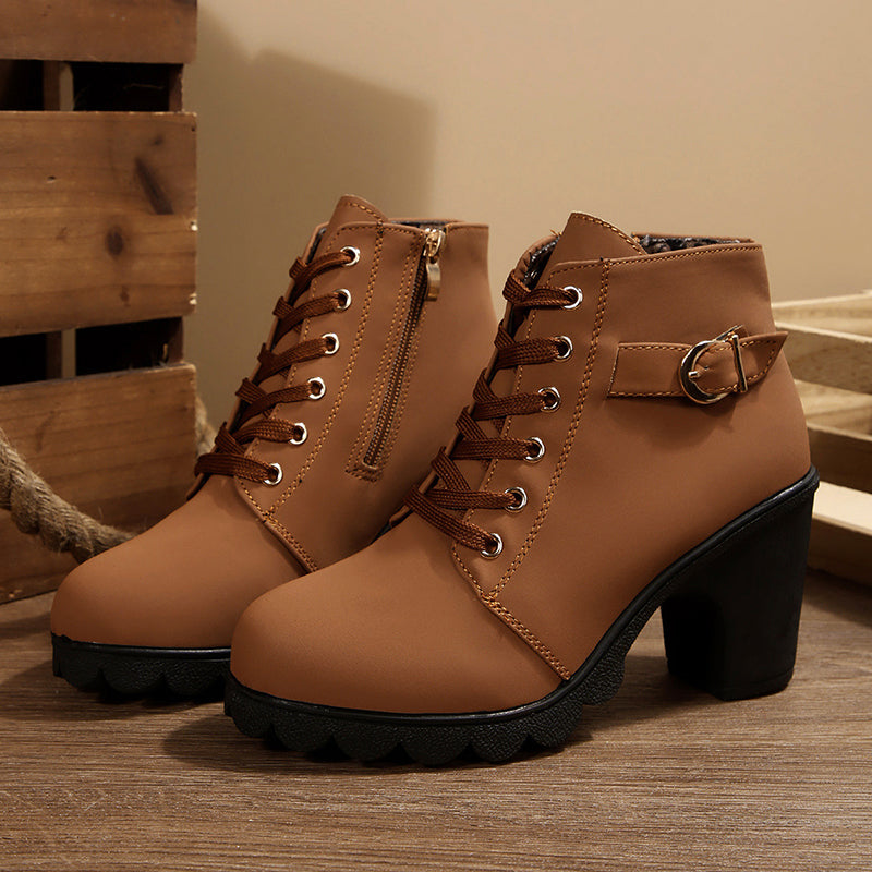 Women’s Lace-Up Boots with Chunky Heel and Zipper Closure
