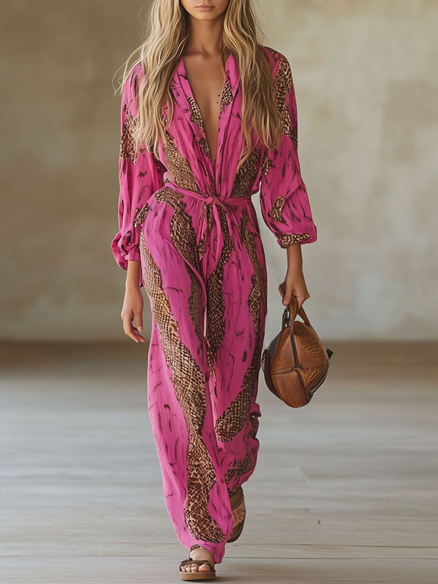 Allegra | Women's Leopard Print Long Sleeve Jumpsuit