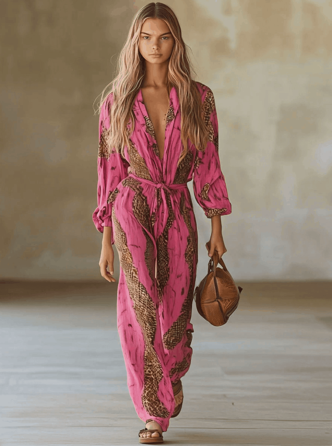 Allegra | Women's Leopard Print Long Sleeve Jumpsuit
