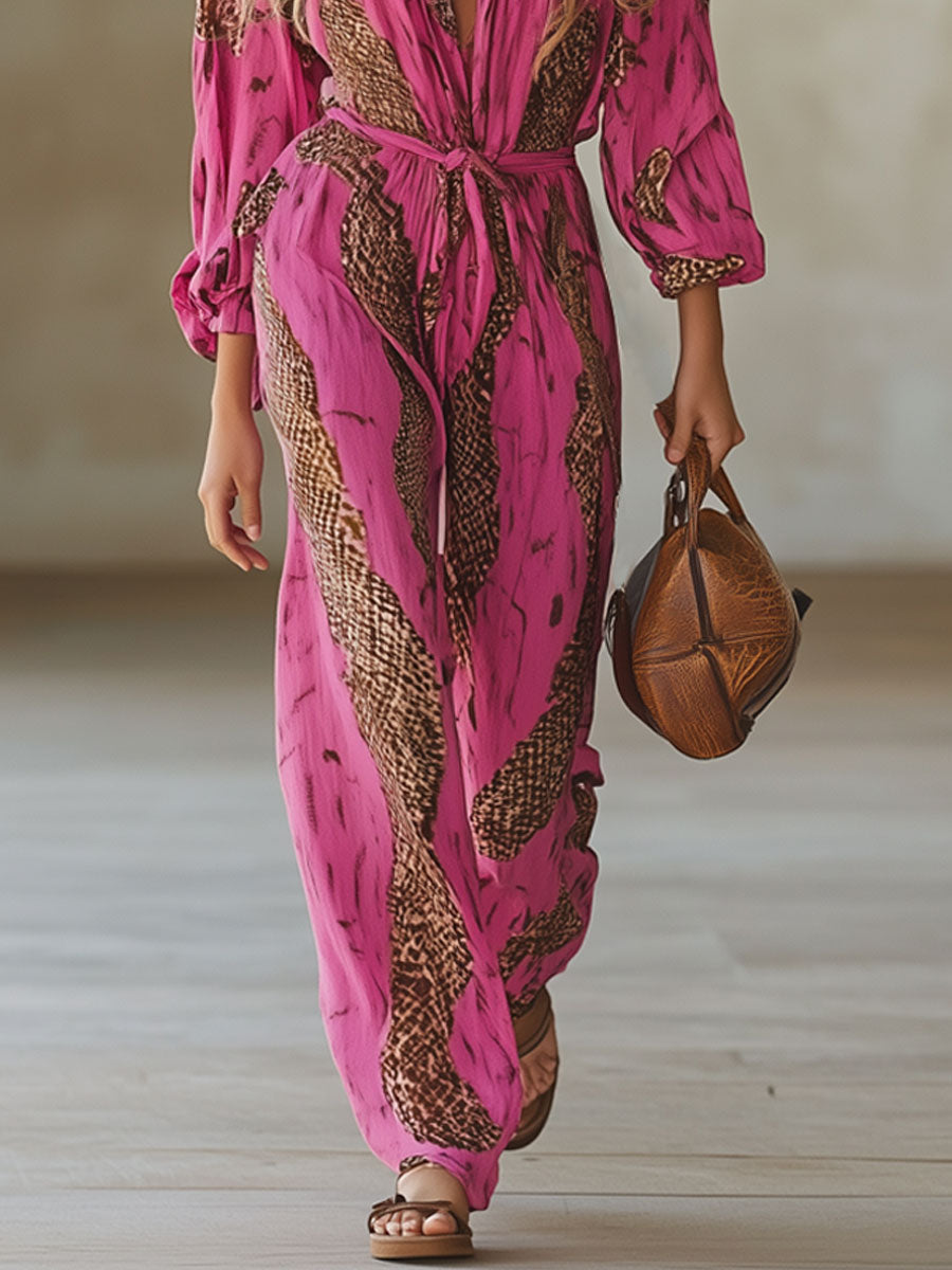 Allegra | Women's Leopard Print Long Sleeve Jumpsuit