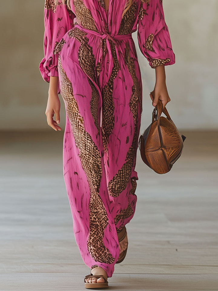 Allegra | Women's Leopard Print Long Sleeve Jumpsuit