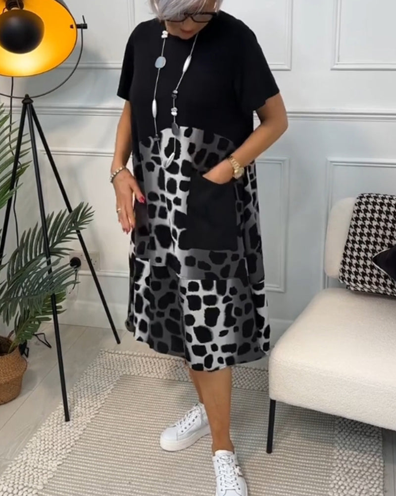 Printed Short Sleeve Dress with Round Neck