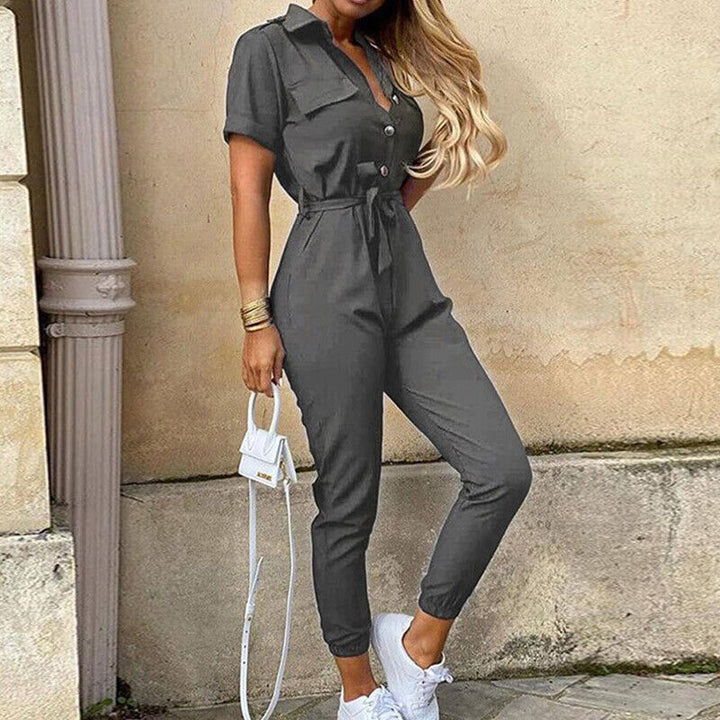 Calloway | Women's Striped Collared Short Sleeve Jumpsuit