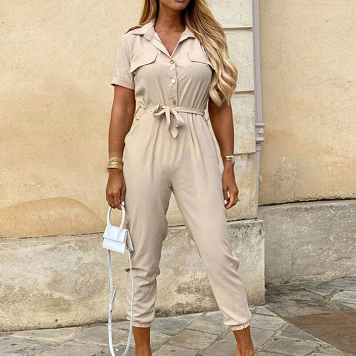 Calloway | Women's Striped Collared Short Sleeve Jumpsuit