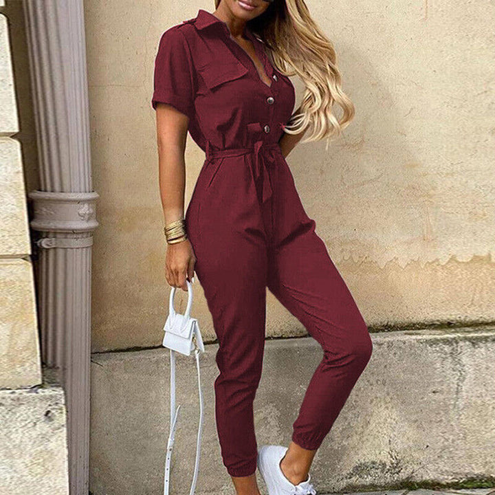Calloway | Women's Striped Collared Short Sleeve Jumpsuit