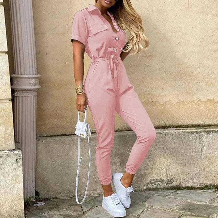Calloway | Women's Striped Collared Short Sleeve Jumpsuit