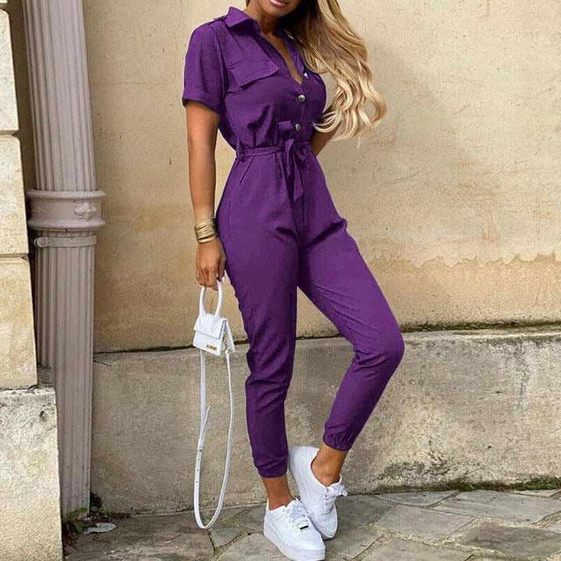 Calloway | Women's Striped Collared Short Sleeve Jumpsuit