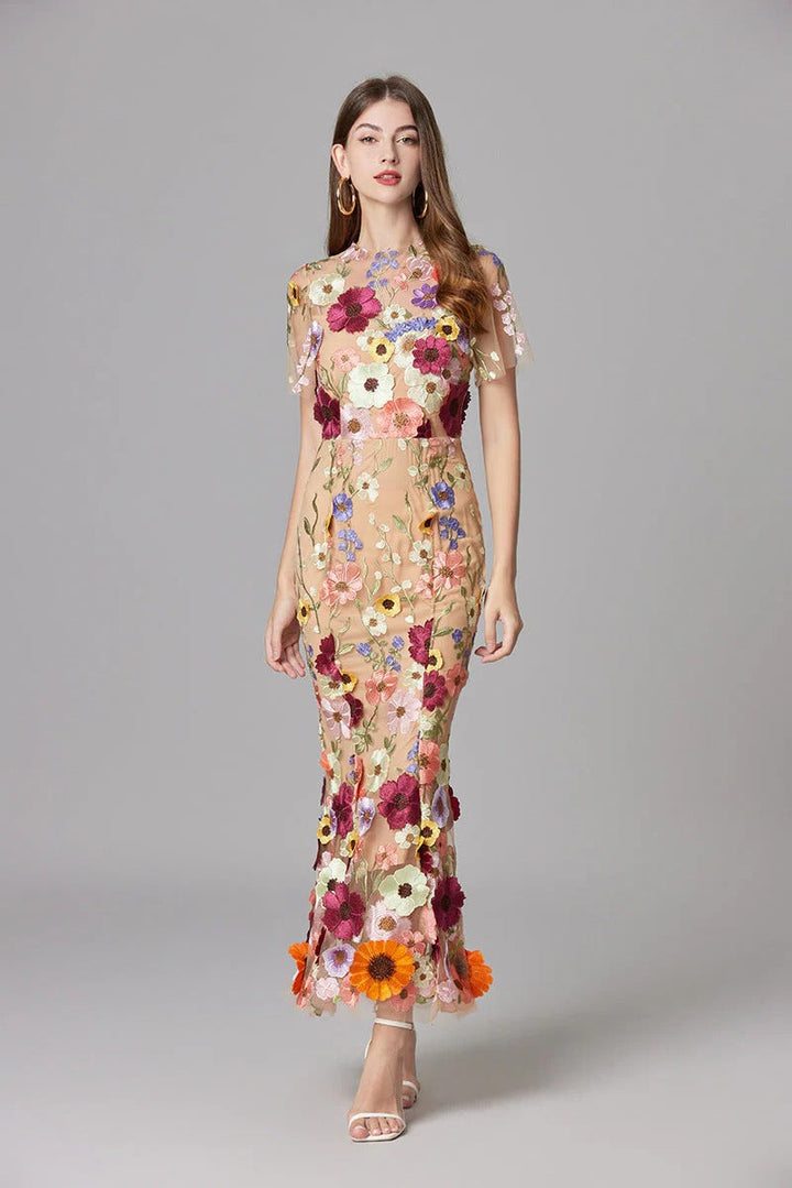 Aurelia | Women's 3D Floral Appliqué Sheer Mesh Sleeveless Maxi Dress
