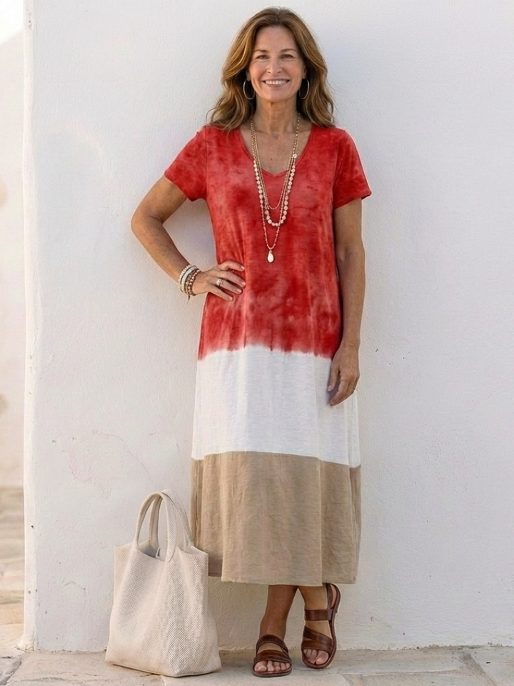 Isadora | Women's Color Block V Neck Midi Dress