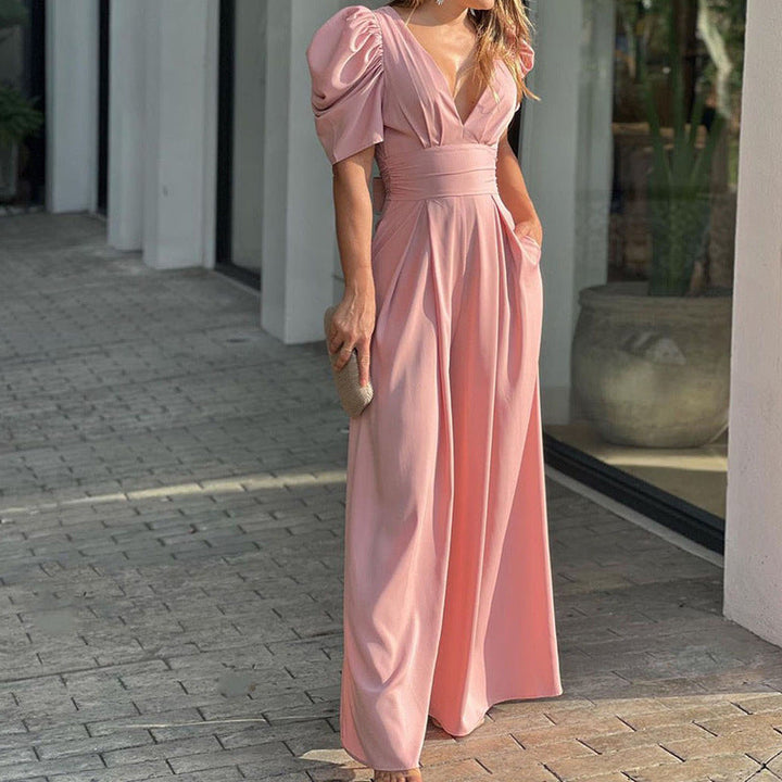 Marigold | Women's V-Neck Puff Sleeve Wide Leg Jumpsuit