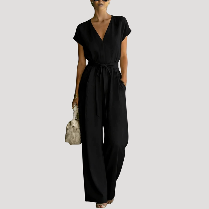 Ophelia | Women's V Neck Wide Leg Tie Waist Jumpsuit