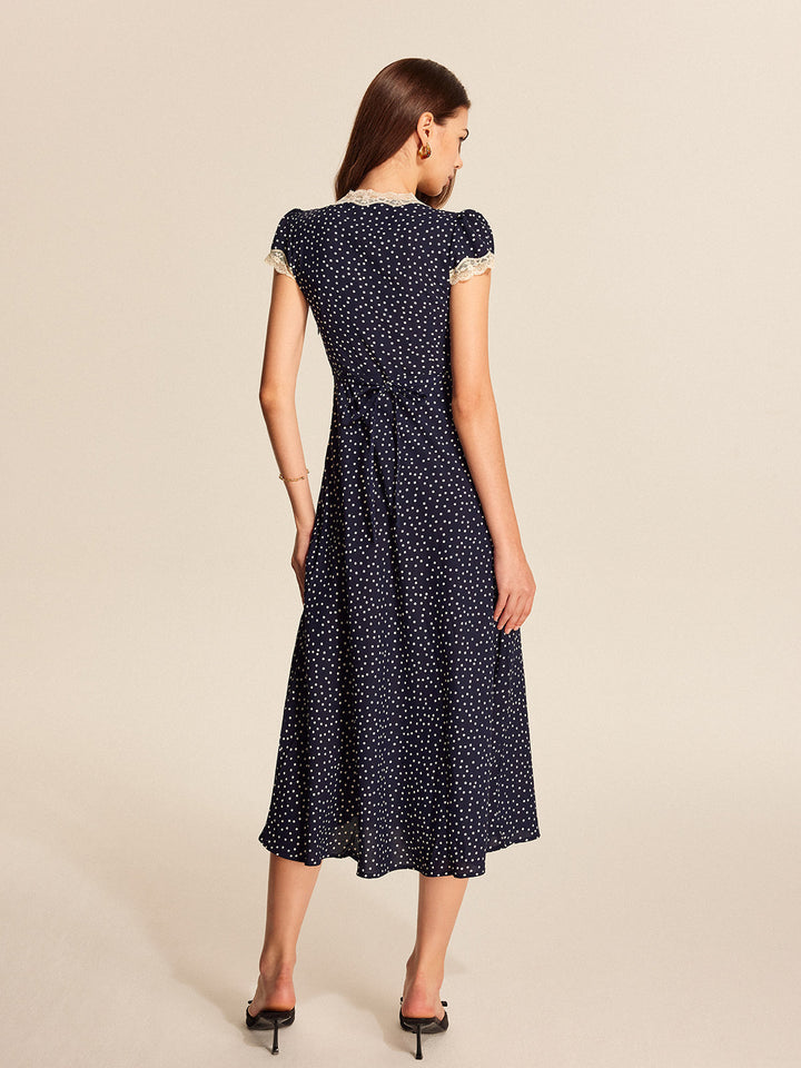 Colette | Women's Polka Dot Lace Trim V-Neck Cap Sleeve Midi Dress
